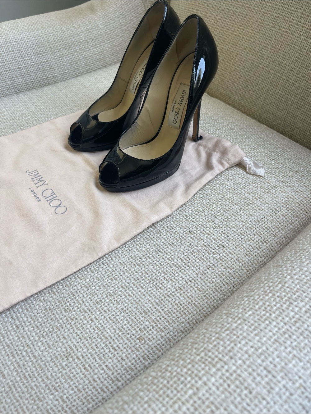 Jimmy Choo Black Patent Leather Peep-Toe Stilettos
